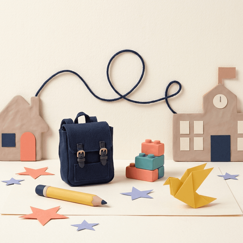 A school bag, home and school connected by a single path