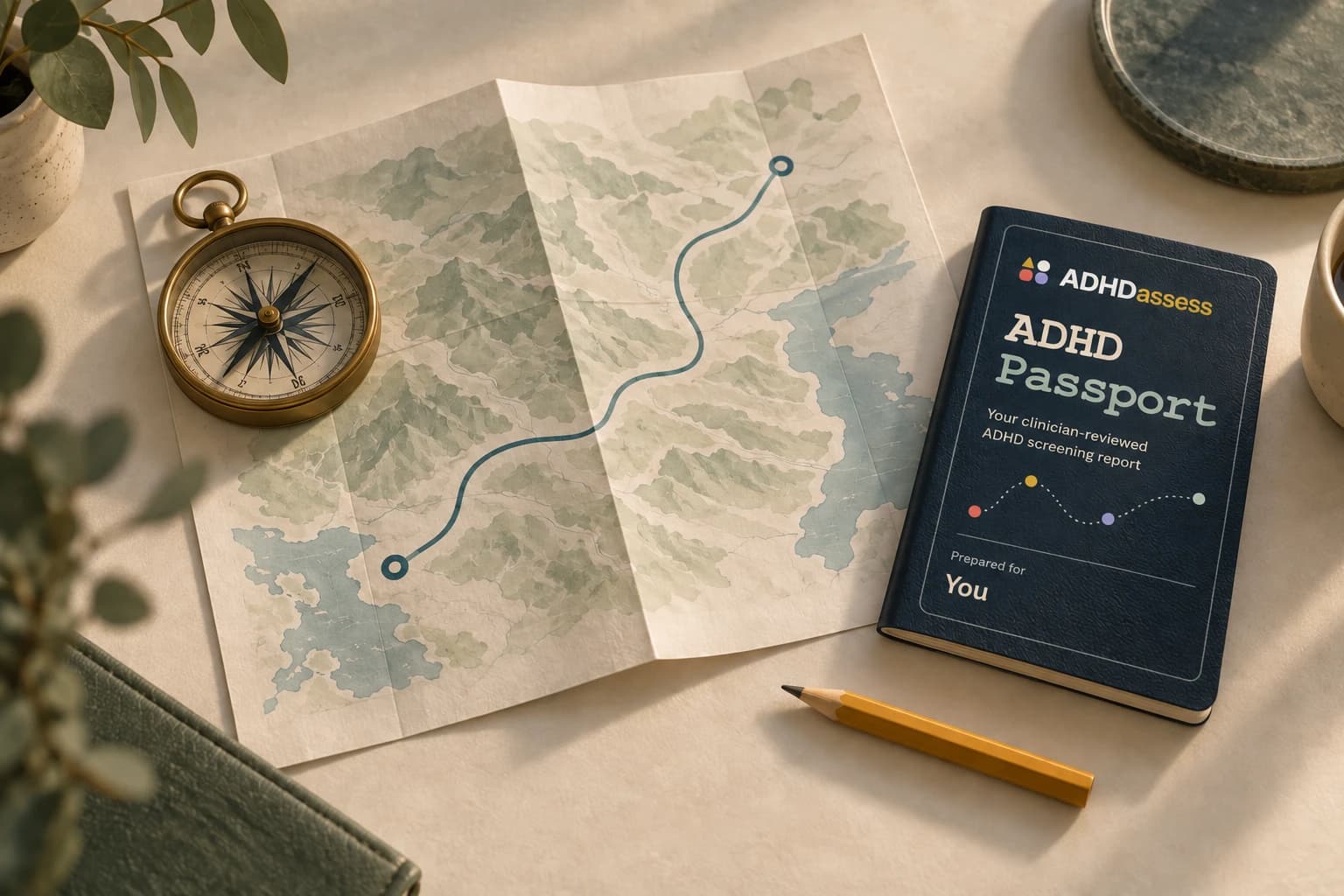 Illustrated compass and map beside the branded ADHD Passport