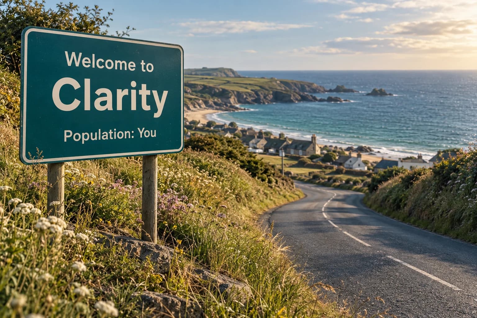 Coastal road towards a seaside village with a sign: Welcome to Clarity. Population: You.