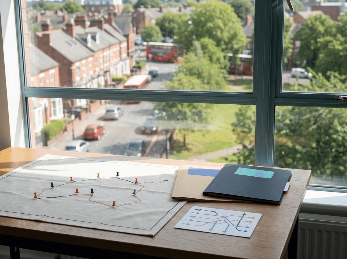 Route map and document folders overlooking an urban Luton setting