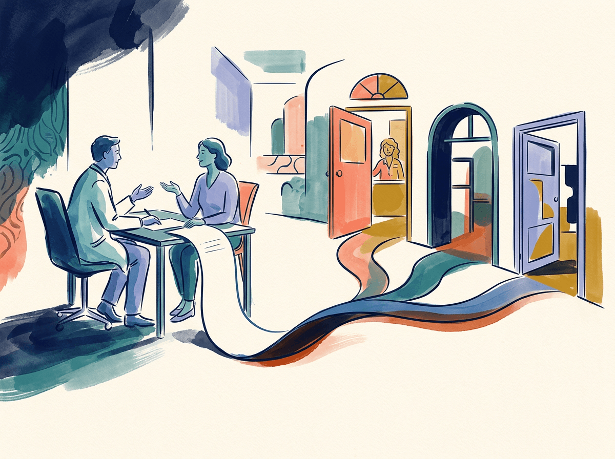Illustrated GP conversation leading through a referral path to several open doors