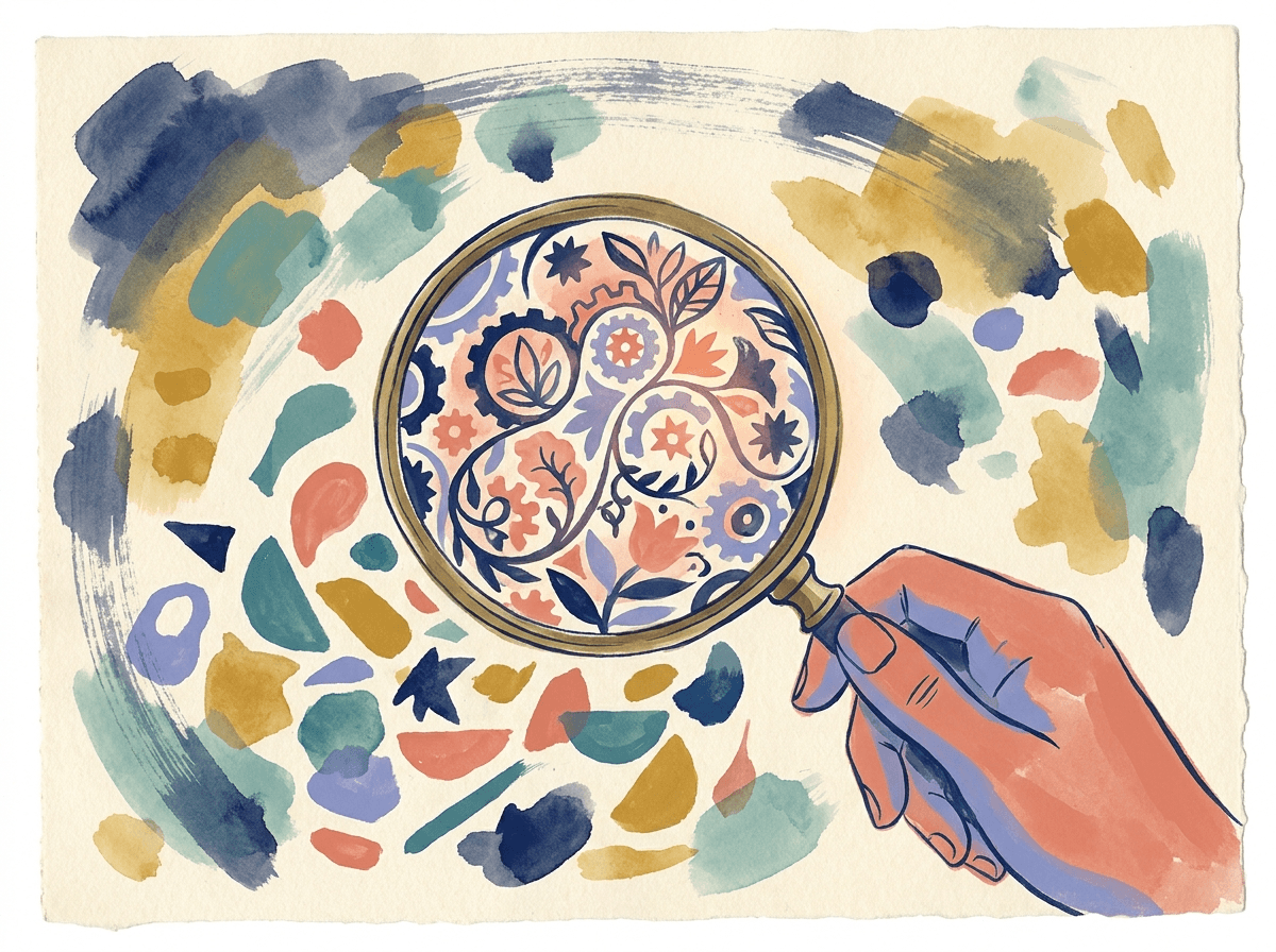 Gouache magnifying glass revealing a pattern among scattered shapes