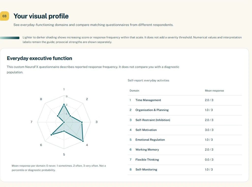 A visual profile, from a fictional sample ADHD Passport
