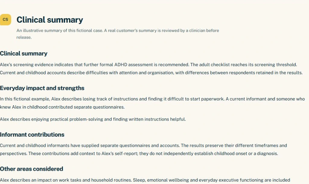 The clinical summary, from a fictional sample ADHD Passport